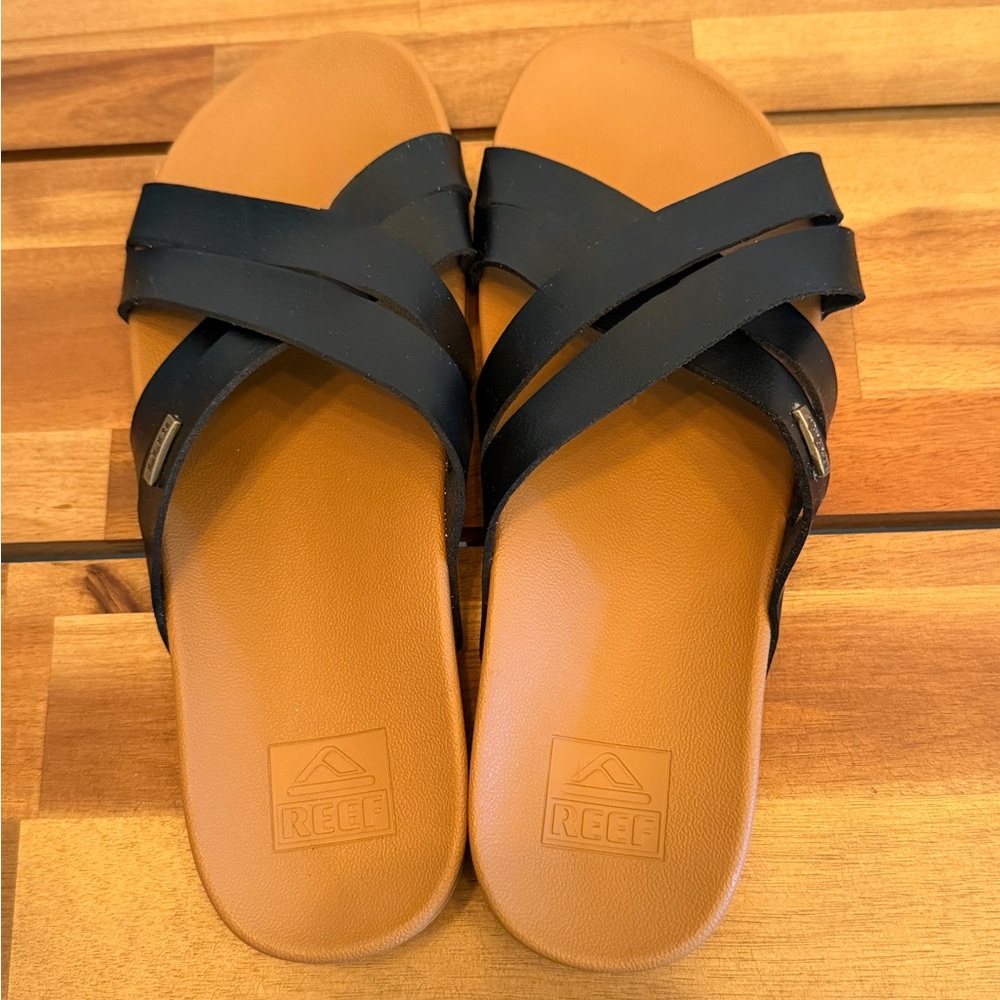 Reef Women's Black & Tan Cross-Strap Slide Sandals